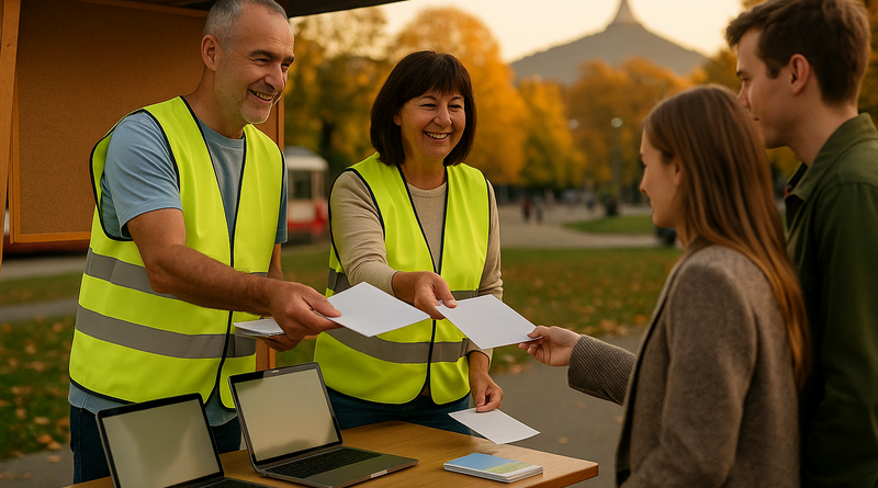 Dobrovolníci u venkovního infostánku v Liberci v podzimním parku rozdávají letáky a noviny o dobrovolnictví; na stole mají notebooky a tablet se zobrazenými weby.